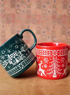 美国lenox圣诞节浮雕阴刻红色绿色马克杯咖啡杯水杯大口汤麦片碗