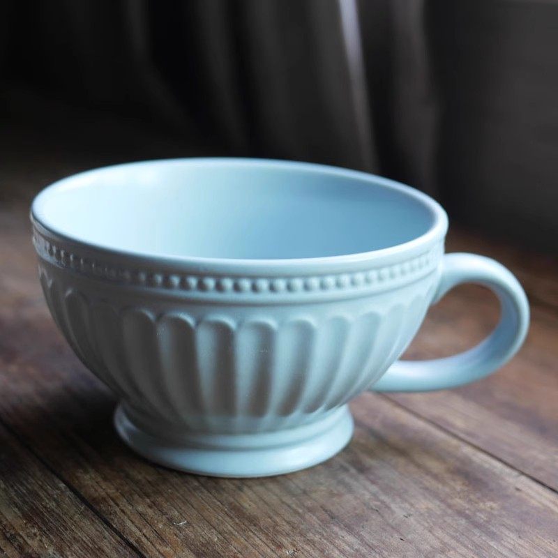 出口欧式哑光淡蓝色浮雕大口马克杯冰淇淋麦片杯早餐杯大咖啡杯