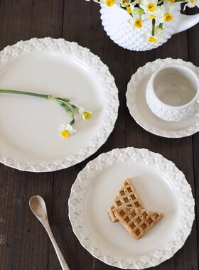 日本新款设计师手作繁花餐盘哑光复古色花朵甜品盘立体花朵咖啡杯