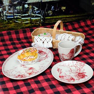 出口法国田园风公鸡高温陶瓷餐具餐盘椭圆盘鱼盘汤碗马克杯水杯