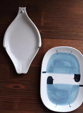 日本设计款陶瓷釉下彩麻点复古手绘童话鸟鸽子北极熊可爱日式餐盘