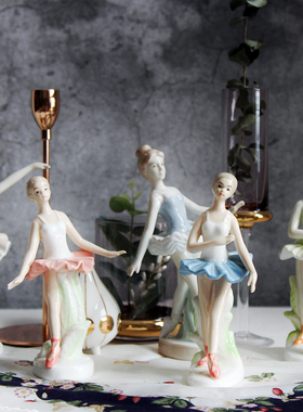 雅致同款纯手工高温陶瓷釉下彩芭蕾舞女孩人偶装饰摆件