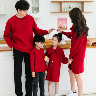 红色亲子装春装2023新款毛衣一家三口四口五口母子母女春秋全家福