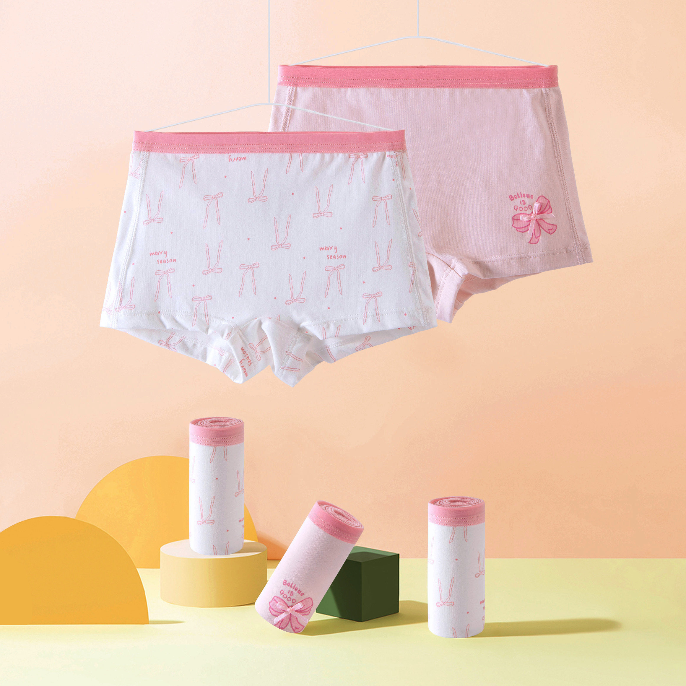 盛特士新款中小大童可爱平角莫代尔竹纤维女宝宝短裤盒装网孔内裤