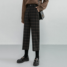 复古格子九分裤女秋冬2025新款小个子厚款高腰直筒休闲八分烟管裤