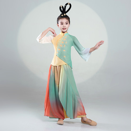 女童古典舞演出服精美印花扇子舞
