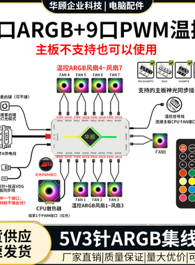 电脑ARGB机箱散热风扇控制器炫彩5V3针神光同步PWM温控集线器SATA