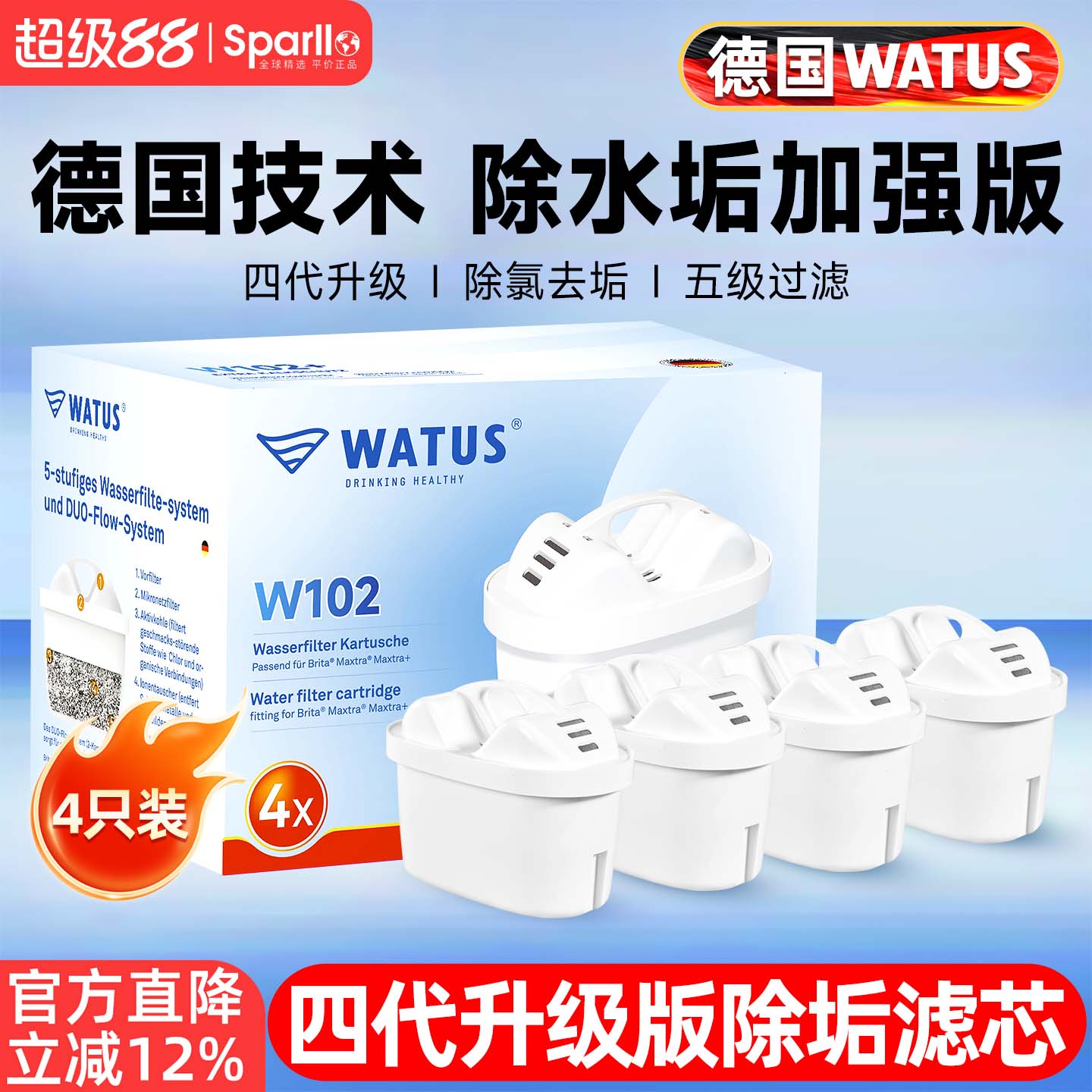 德国WATUS四代滤芯适用BRITA碧然德过滤水壶家用厨房自来水净水器