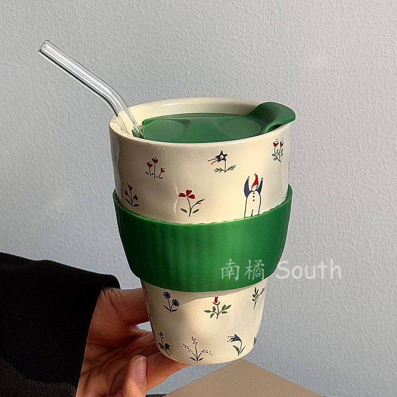 SOUTH田园风小碎花陶瓷手握咖啡杯大容量喝水杯随手杯奶茶杯礼物