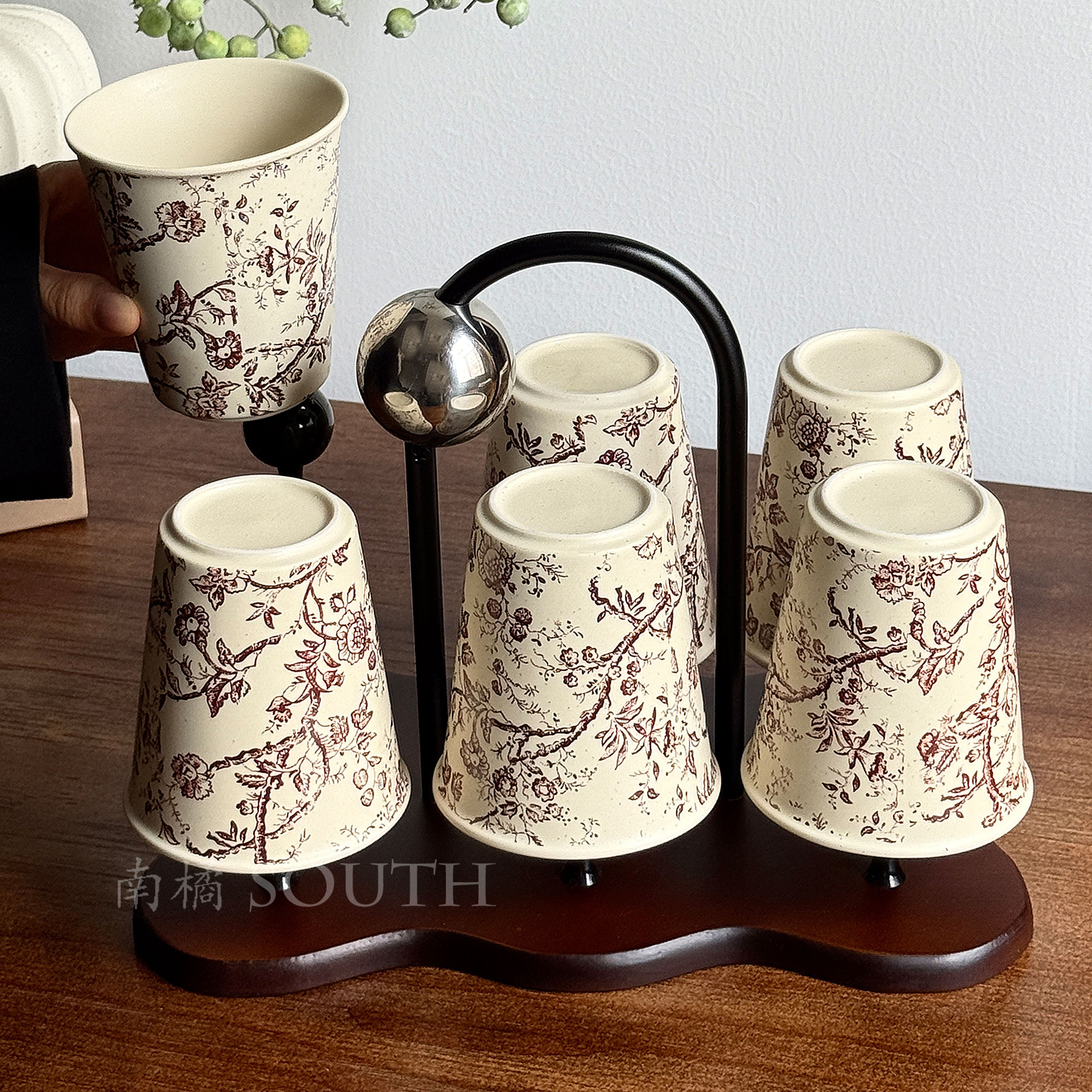 中古风棕花藤蔓陶瓷杯子家用茶杯水壶套装喝水杯客厅家庭待客杯具
