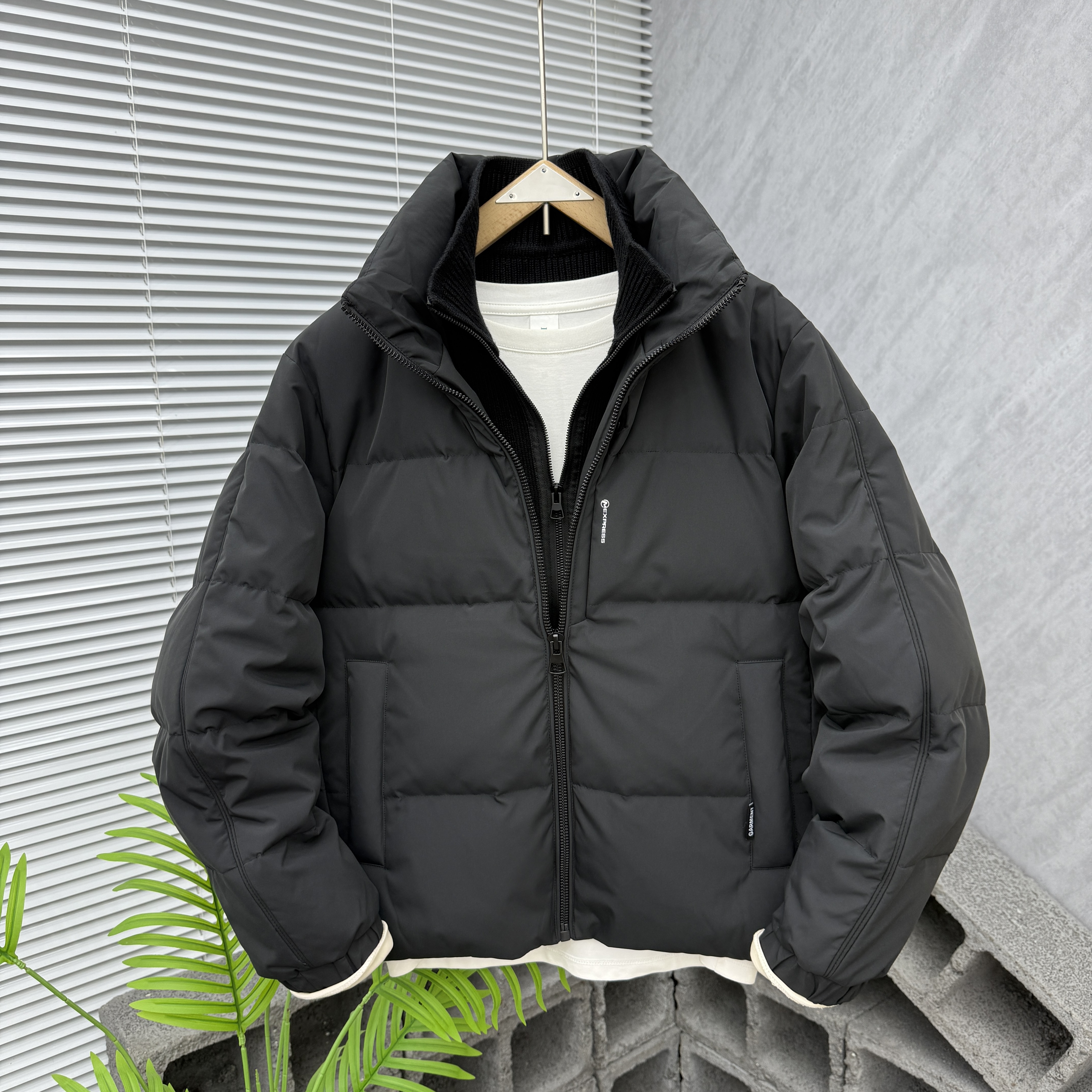 冬季新款假两件羽绒服男潮牌时尚立领白鸭绒外套加厚保暖面包服男