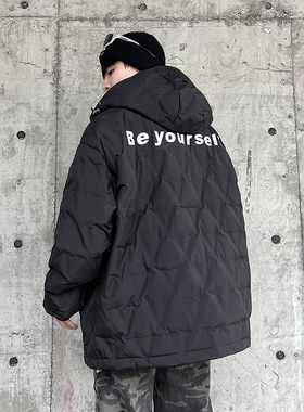 DPX冬季菱形格连帽羽绒服男潮90白鸭绒情侣轻薄运动休闲大码外套