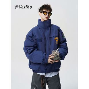 美式印花棒球羽绒服男款冬季重磅白鸭绒廓形夹克潮牌百搭工装外套