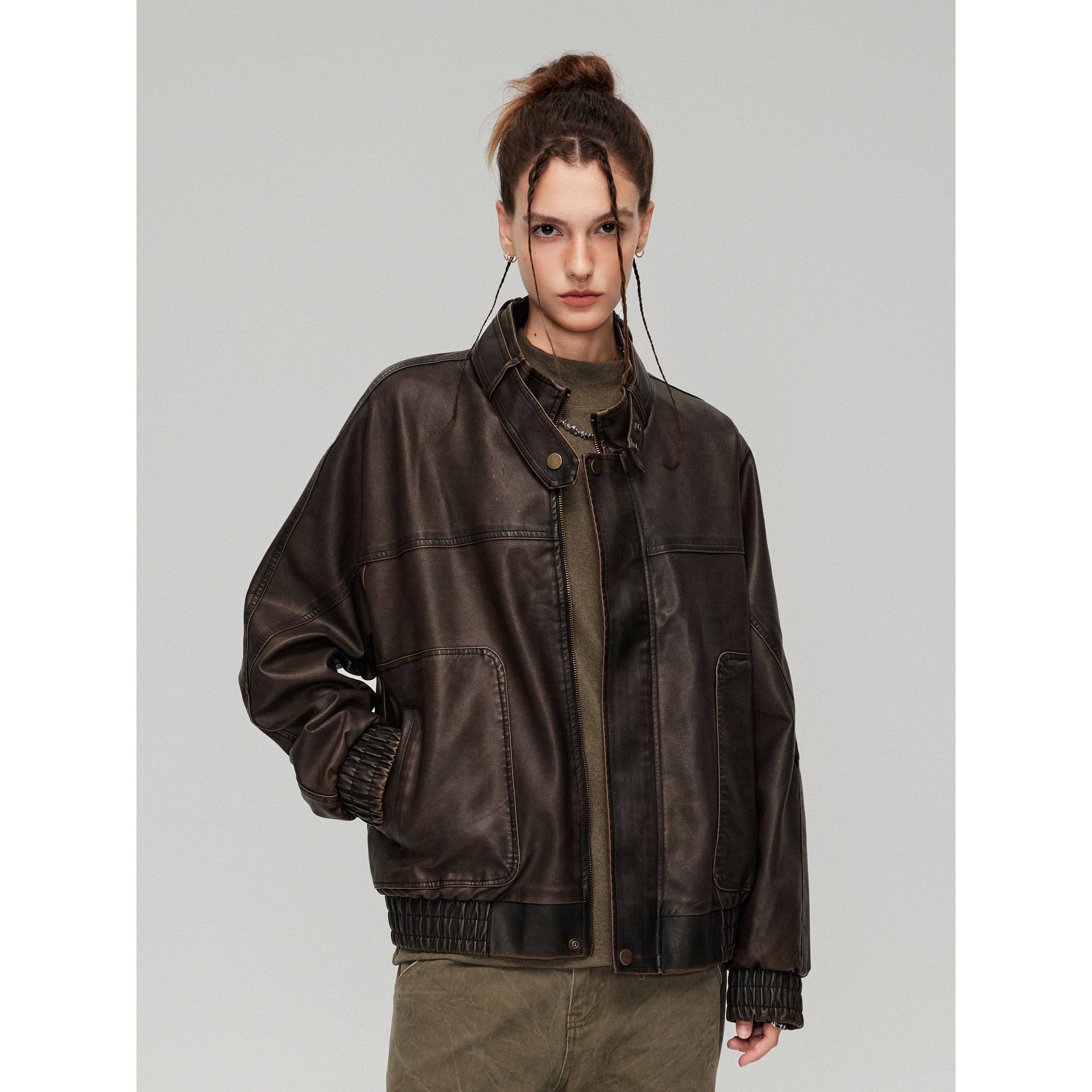 复古怀旧PU皮立领搭扣休闲外套立体双口袋设计感宽松情侣皮衣