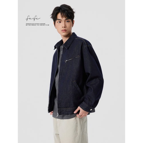 FAFC春季美式复古翻领原色牛仔夹克男款宽松休闲百搭短款工装外套