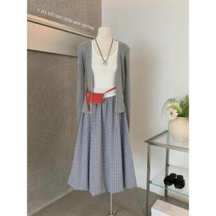 伊嘉 复古半身裙三件套装 韩版 背心 女 系绳浅灰色针织开衫 Y.JIA