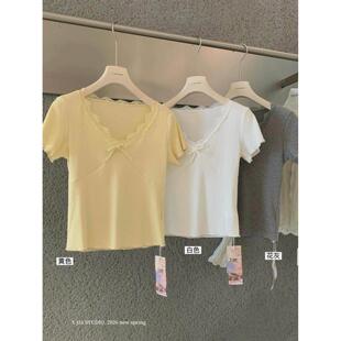 伊嘉 修身 韩系蕾丝花边v领针织短袖 短款 上衣 女正肩t恤夏季 Y.JIA