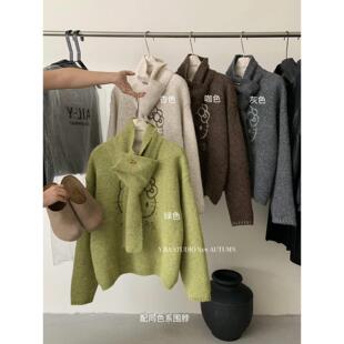 配围脖 Y.JIA 女 宽松保暖配牛角扣针织衫 伊嘉2025十三行秋冬新款