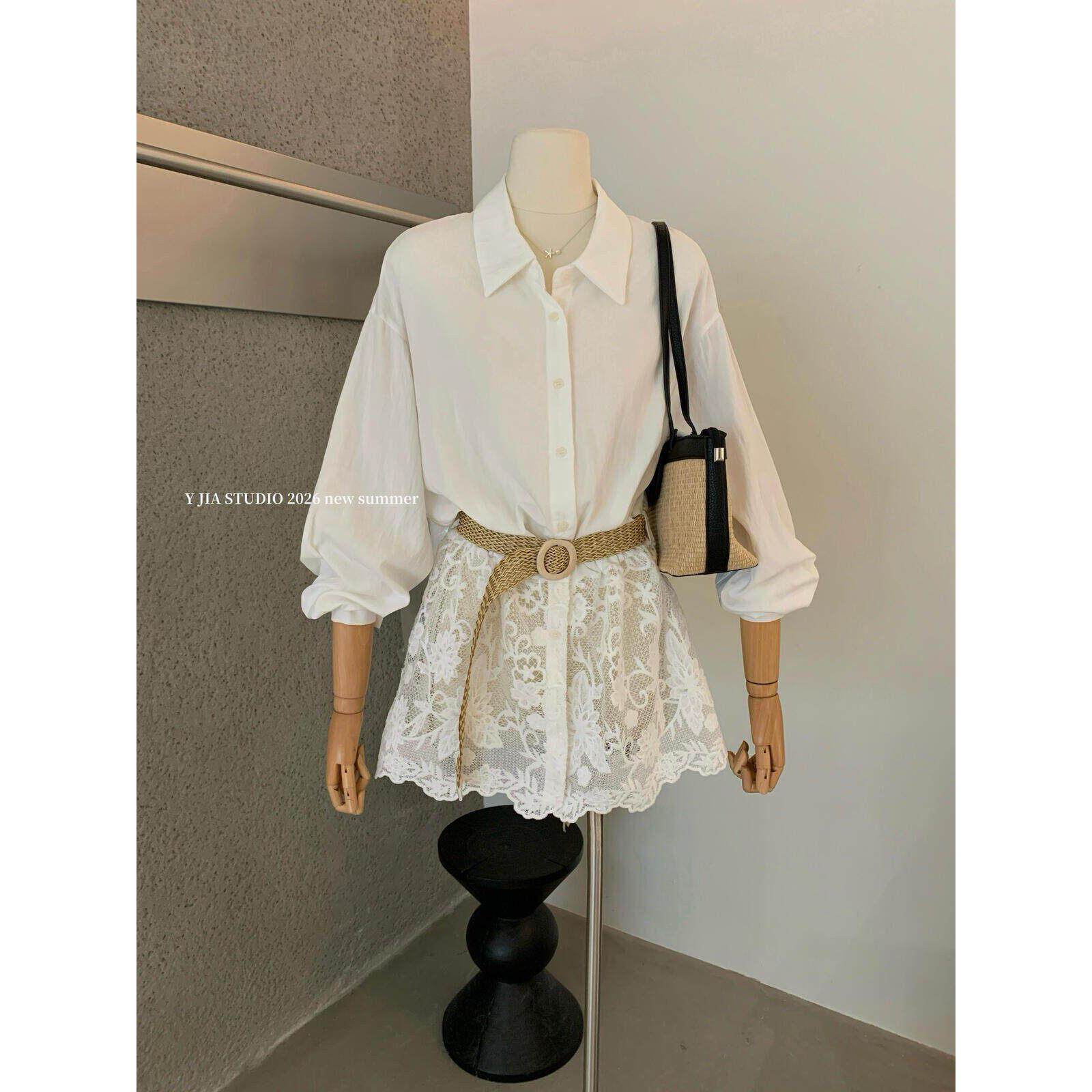 Y.JIA 伊嘉 韩系白色蕾丝拼接亚麻长袖衬衫女2026春款上衣配腰带