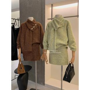 Y.JIA 冬女 伊嘉慵懒风韩女穿搭宽松毛衣＋高腰针织半身裙两件套装
