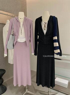 Y.JIA 伊嘉设计连帽卫衣外套蕾丝拼接长袖T恤高腰A字半身裙套装女