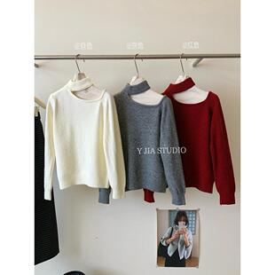 上衣 宽松显瘦打底长袖 Y.JIA伊嘉挂脖斜肩针织衫 灰色毛衣女秋冬款