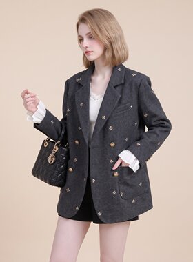韩版刺绣翻领毛呢西装外套女