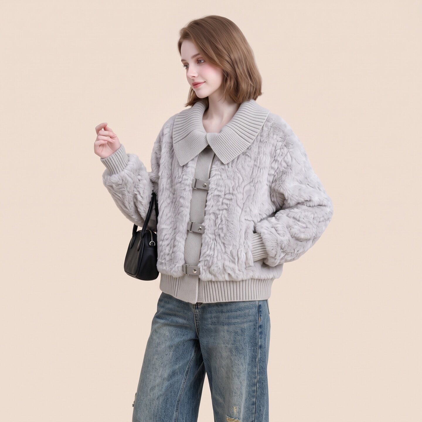 慵懒风针织翻领环保皮草短外套女2026冬季新款超好看温柔加厚上衣