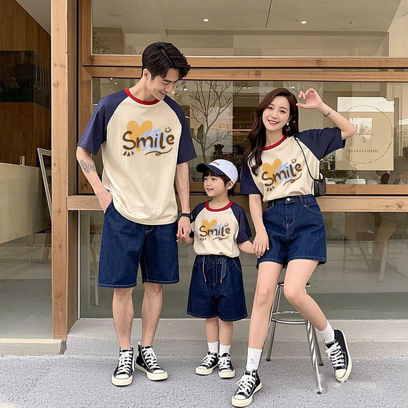 韩版撞色亲子装一家三口夏季小月龄短袖2025新款母子母女洋气t恤