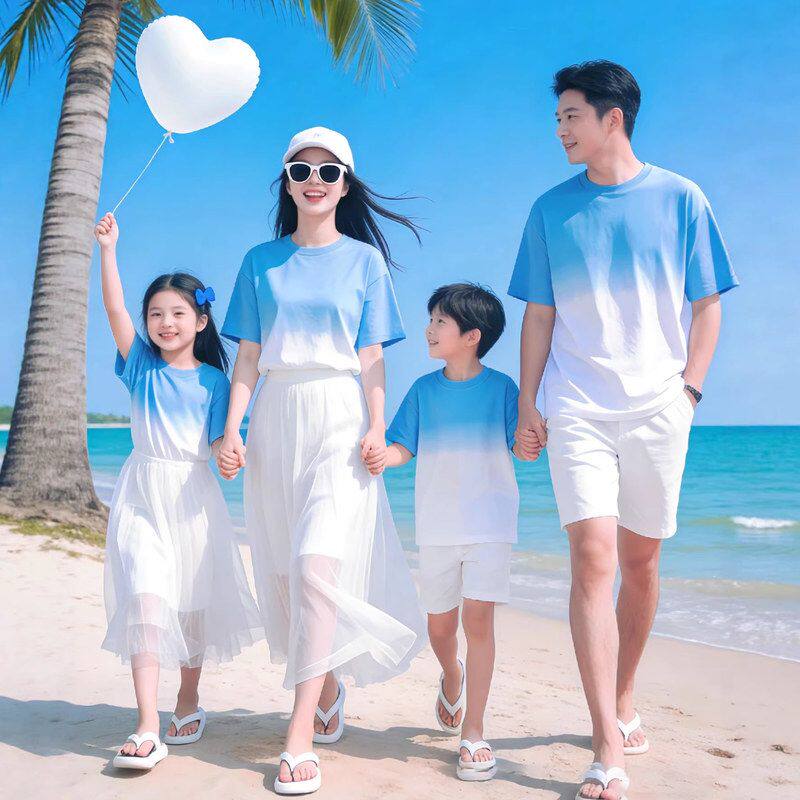 海边度假亲子装渐变短袖T恤夏季新款一家三四口家庭装母女装上衣