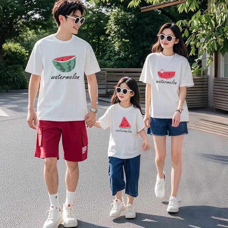 夏日西瓜ins风亲子装一家三口短袖趣味母子母女全家装100%纯棉t恤