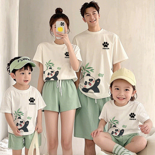 夏季 洋气纯棉大码 一家三四口短袖 全家装 t恤 母子母女装 熊猫亲子装
