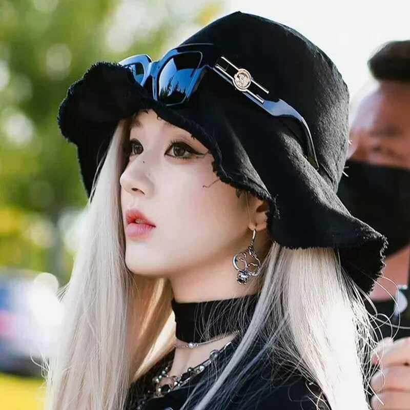 赵露思同款黑色毛边大檐渔夫帽女百搭韩版潮遮脸帽子夏季遮阳盆帽