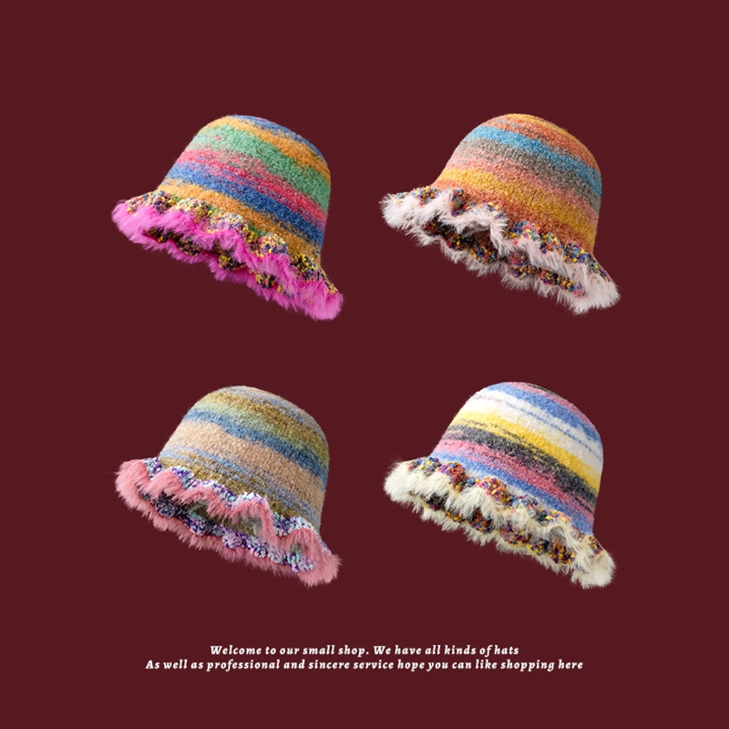 盆帽秋冬季针织彩虹条纹日系