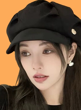 日系春夏云朵贝雷帽女褶皱显脸小八角帽出游休闲百搭韩版短檐帽子