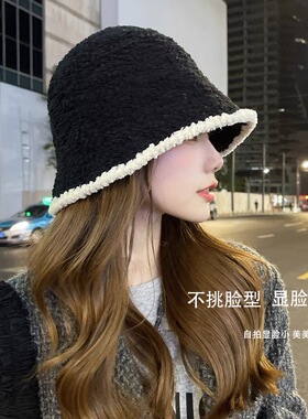 韩版INS女毛绒绒针织帽秋冬季时尚百搭渔夫帽日系显脸小水桶帽子