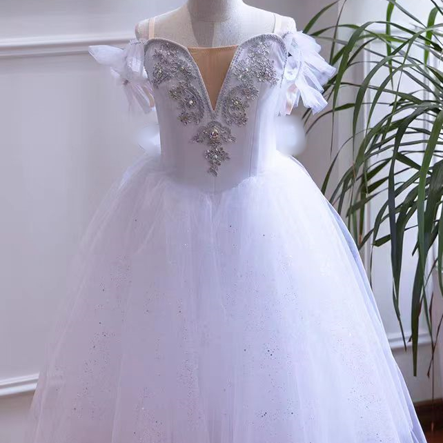 芭蕾舞裙演出服女童小天鹅舞蹈长纱裙白色浅蓝色蓬蓬裙tutu表演服