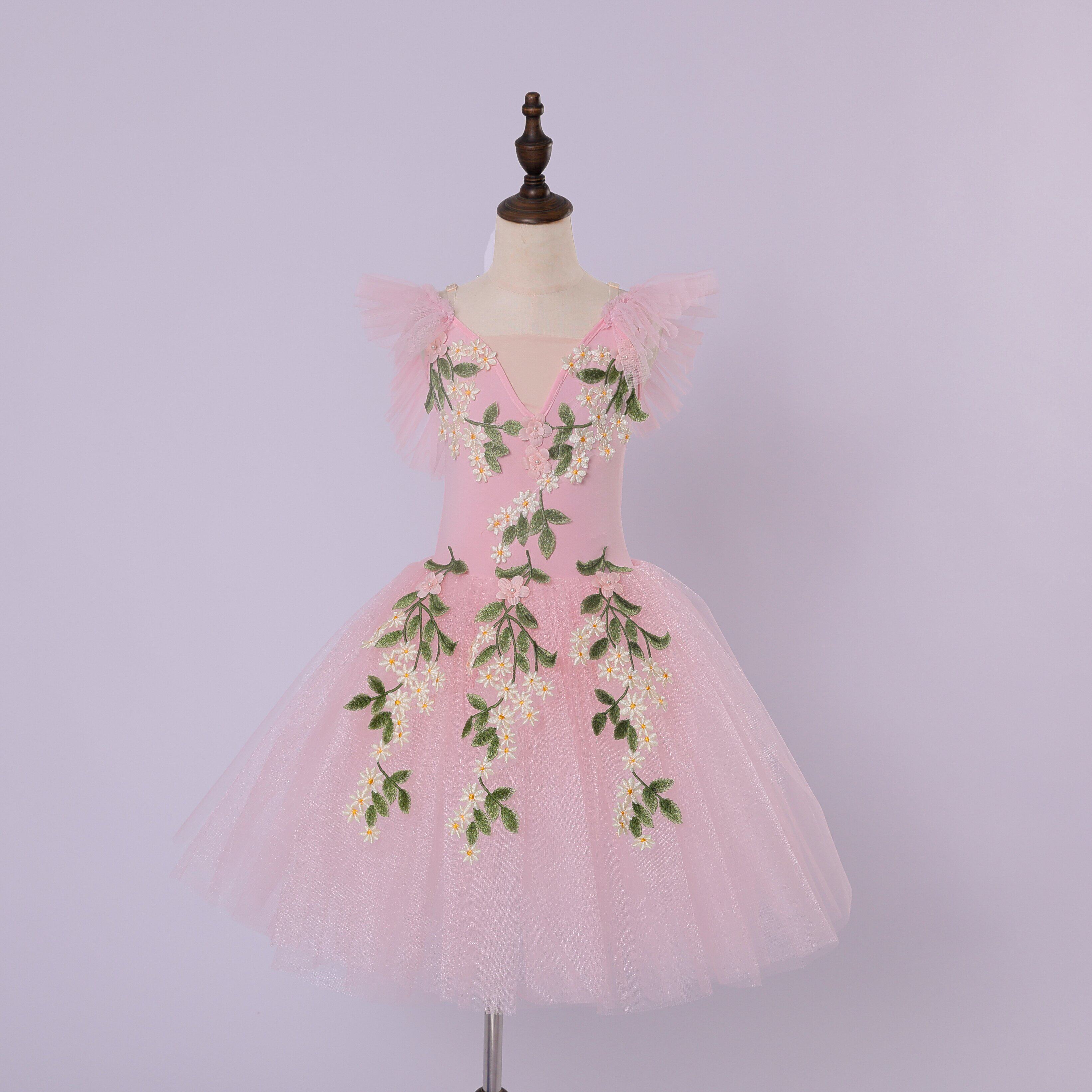 粉色花朵刺绣芭蕾舞裙女童tutu蓬蓬裙演出服比赛服仙子裙