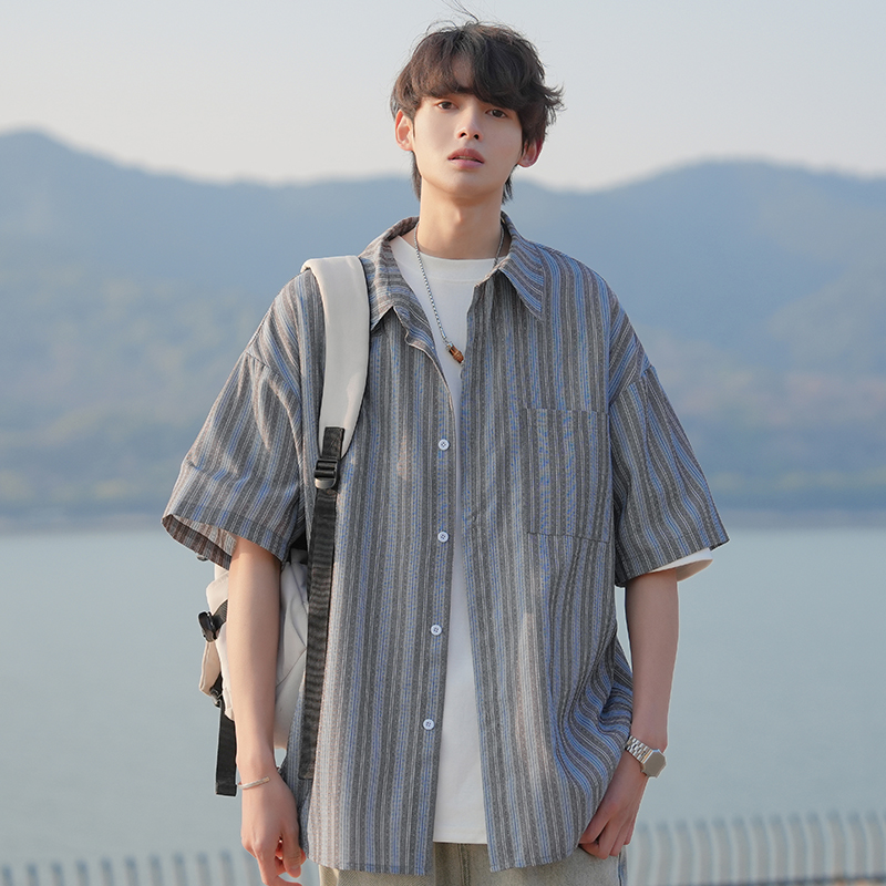 夏季竖条纹撞色翻领大码短袖衬衫