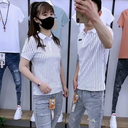 2021夏季情侣修身翻领polo衫男ins潮流条纹短袖t恤男网红青春男装