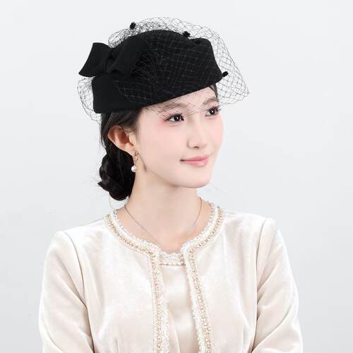 女士贝雷帽网纱高级羊毛空姐帽时尚百搭礼帽秋冬新款蝴蝶结黑色