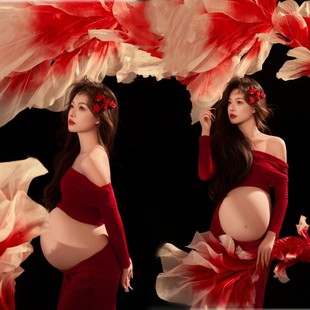 影楼新款新中式复古红色连衣裙孕妈室内氛围感写真摄影艺术照服装