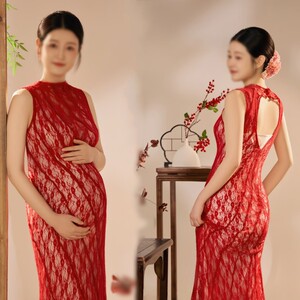 艾美影赏新中式红蕾丝孕妇礼服