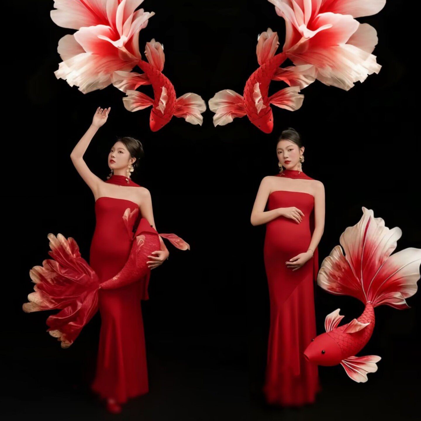 影楼新款孕妇主题中式红色抹胸连衣裙孕妈咪艺术照写真摄影服装