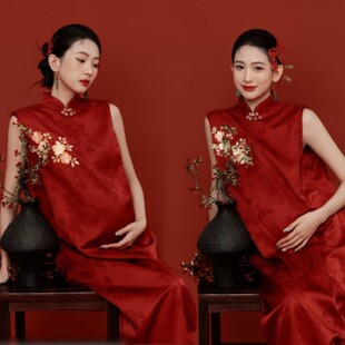 孕妇照影楼新款红色连衣裙新年主题中式氛围感孕妇大肚照写真摄影