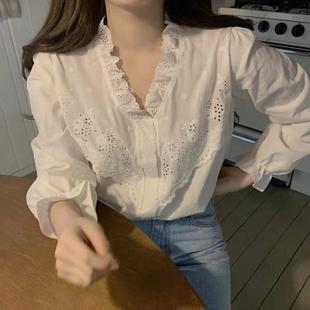 宫廷风衬衫 上衣 女韩国木耳荷叶边设计感小众蕾丝拼接法式 v领薄款