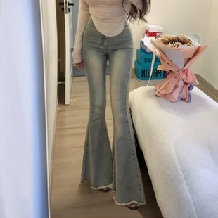 辣妹时髦气质提臀牛仔裤女小个子港味复古百搭流苏鱼尾大喇叭裤潮
