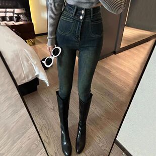 弹力提臀铅笔小脚裤 辣妹时髦气质牛仔裤 女小个子两粒扣前口袋修身