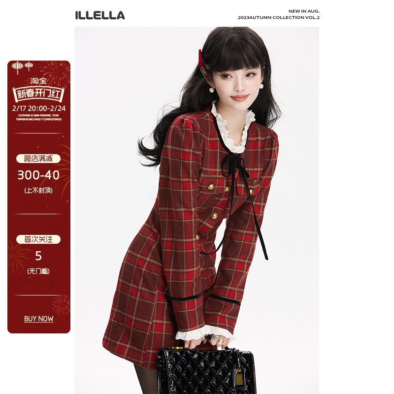 ILLELLA 单排扣花边领格子连衣裙春秋显瘦小香风高腰修身A字短裙