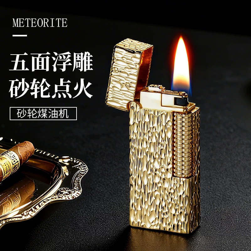 新款高端复古小巧窄版煤油打火机精雕陨石坑经典侧滑轮防风送男友
